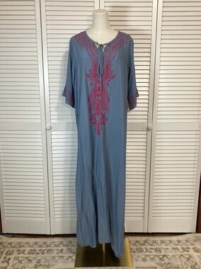 Blue Embroidered Boho Geo Relaxed Maxi Kaftan Dress One Size